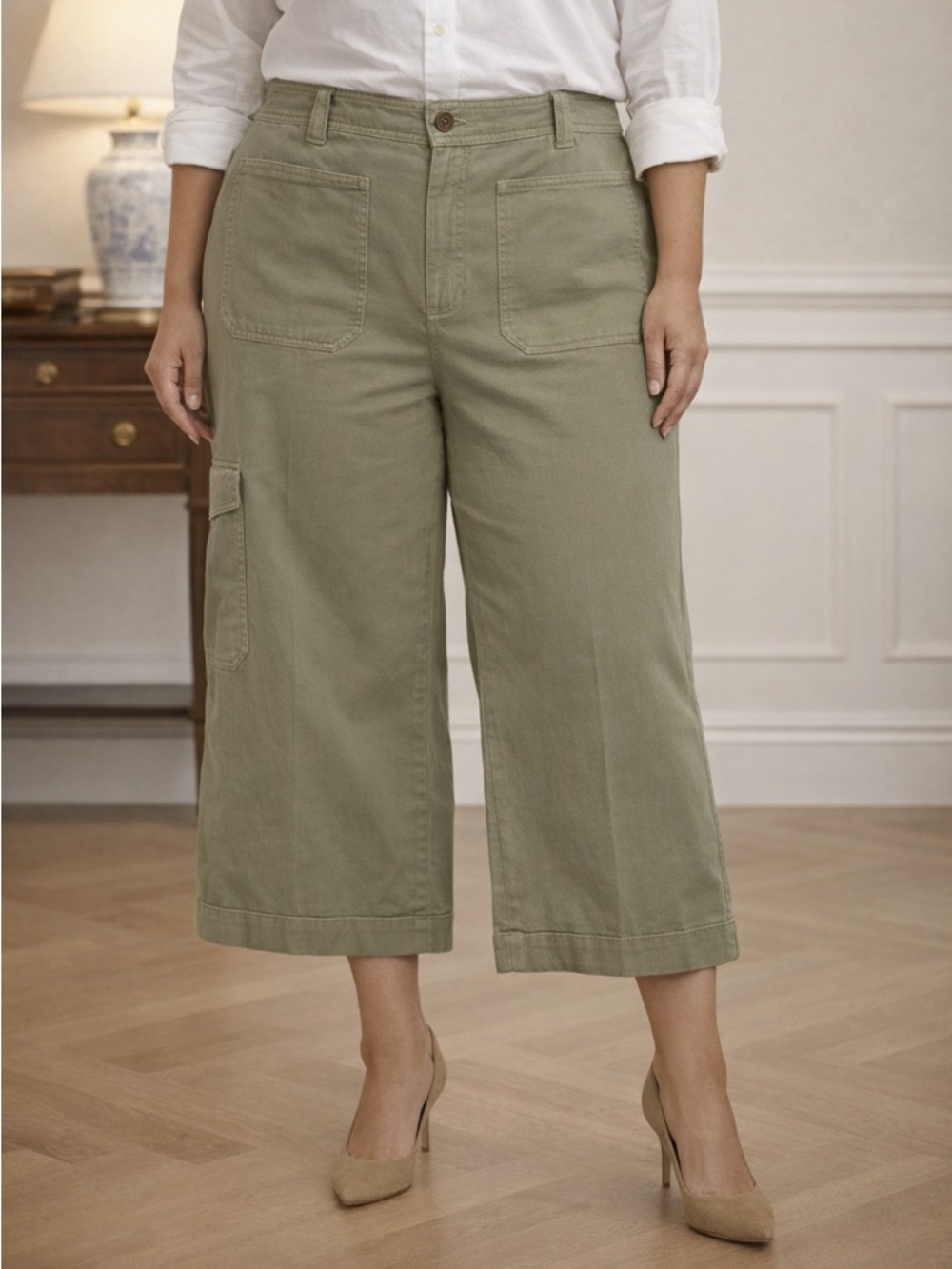 Lauren Ralph Lauren Plus Size Pleated Cotton Twill Wide-Leg Cargo Pants Size 18